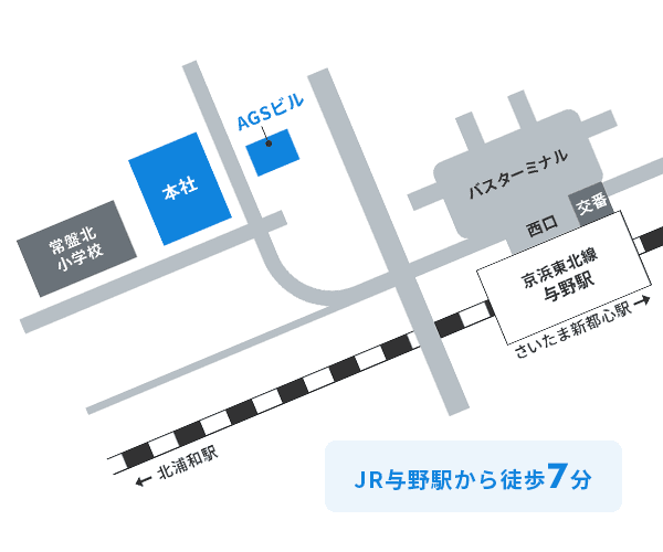 会社案内図：本社の地図。最寄り駅はさいたま新都心駅と北浦和駅
